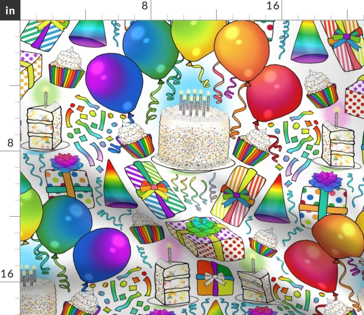 Rainbow Retro Party Celebration Balloons Gifts Birthday Cake Cupcake Fun Custom Printed Fabric by Spoonflower Various Fabrics by the Yard or Fat Quarter